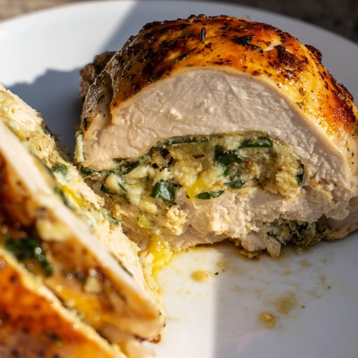Golden goat cheese chicken stuffed with herbs, served fresh from the oven