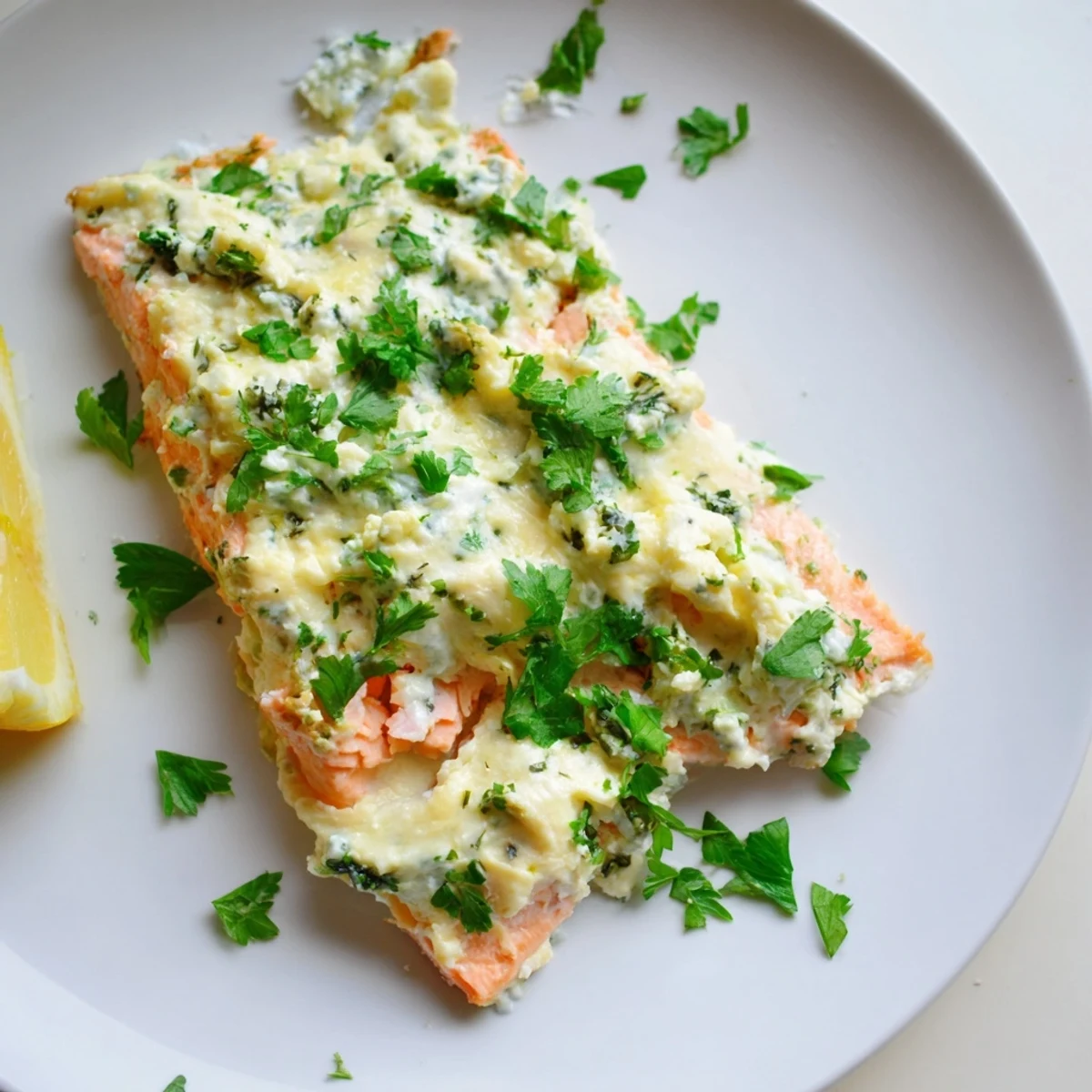 Golden Boursin salmon resting on parchment, garnished with fresh herbs and lemon slices