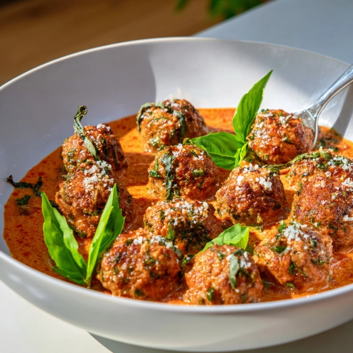 Tender creamy tomato basil meatballs swimming in a velvety red sauce with fresh herb garnish