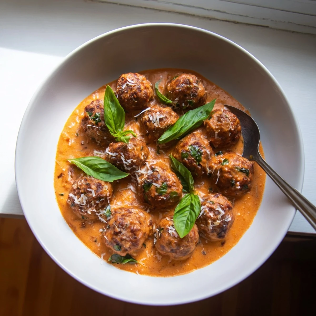 Juicy creamy tomato basil meatballs served over twirled pasta with a dusting of Parmesan cheese