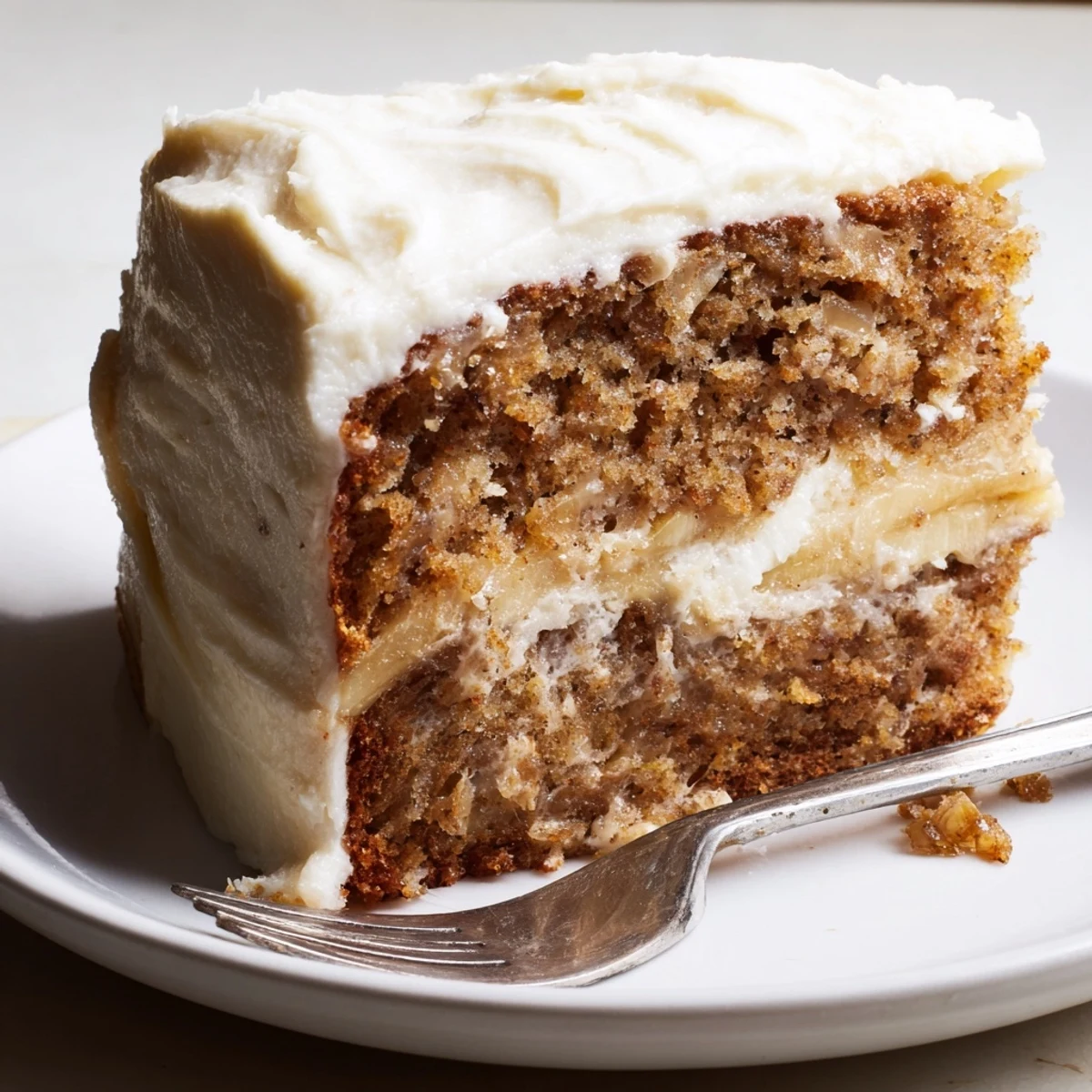 Brown Butter Banana Cake sliced thick with swirls of creamy frosting