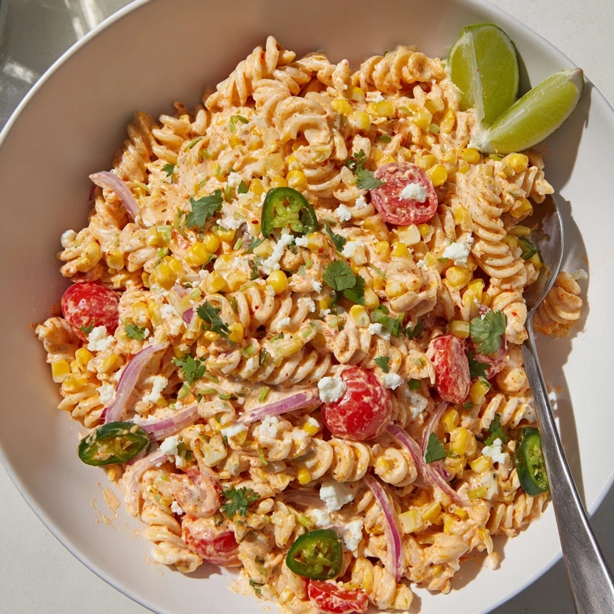 Creamy elote street corn pasta salad topped with crumbled cotija cheese and fresh cilantro