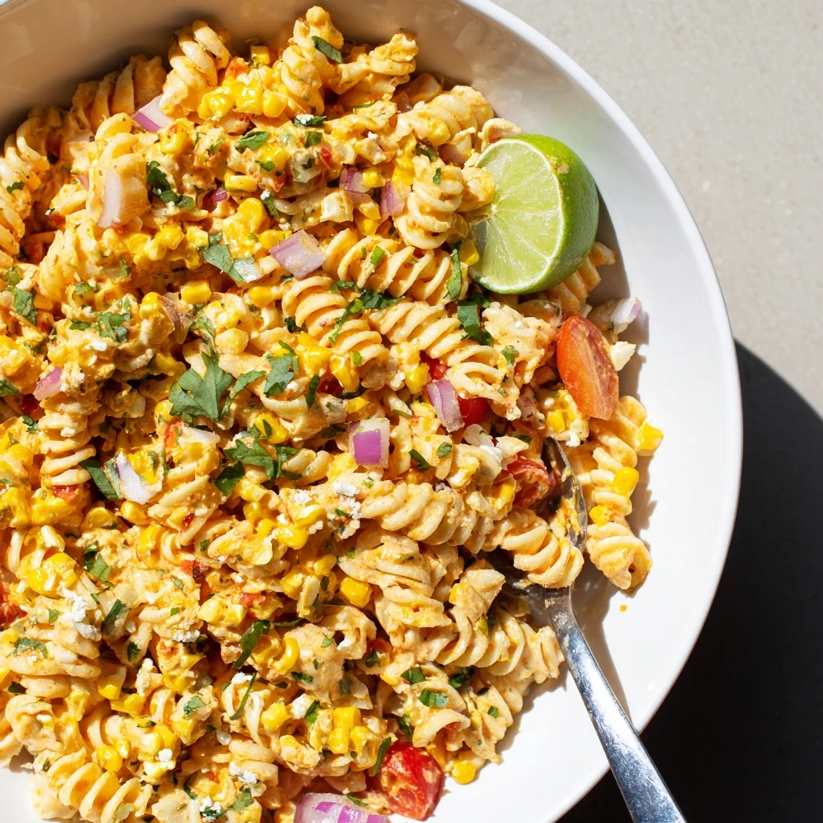 Smoky grilled corn and colorful vegetables tossed in a zesty elote street corn pasta salad dressing