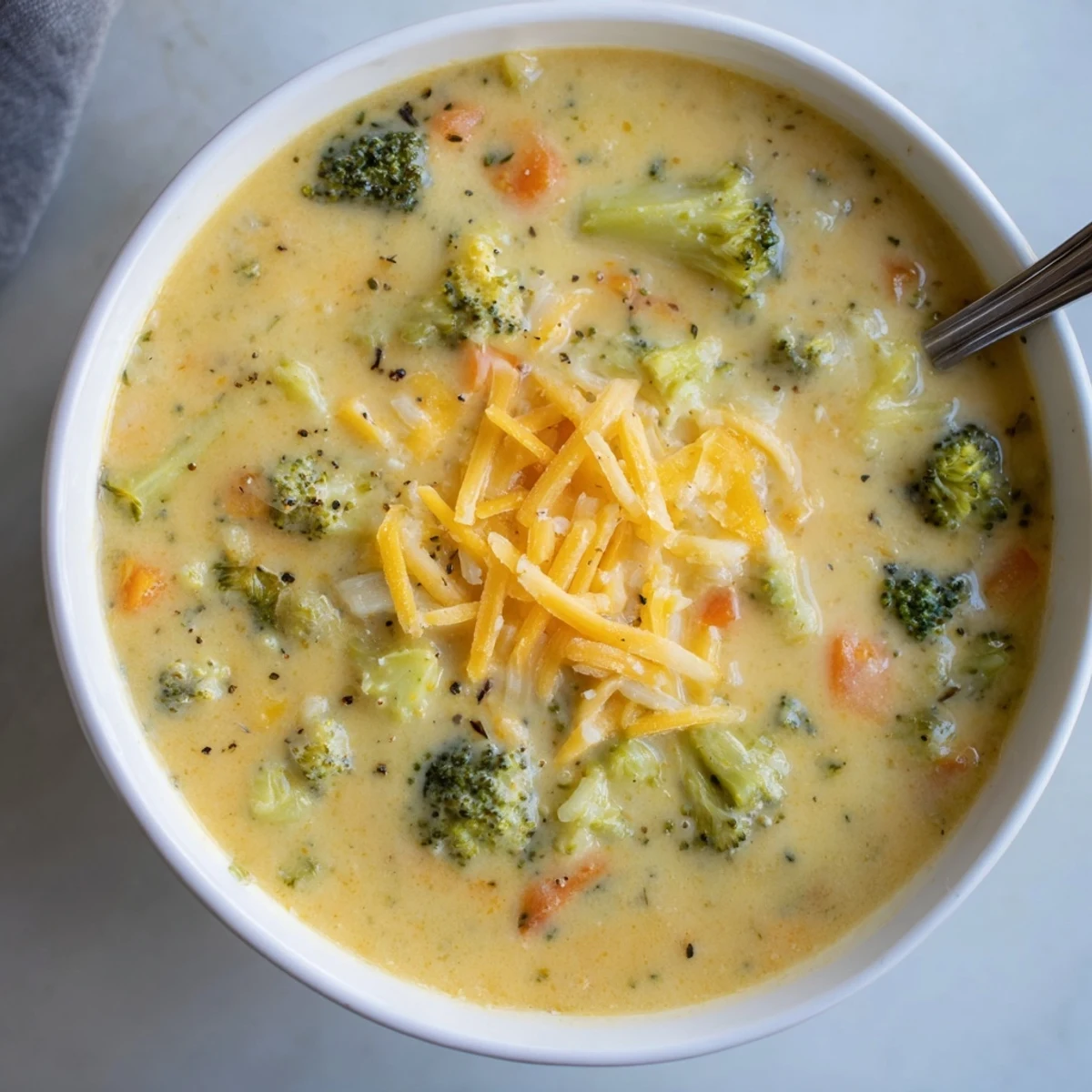 Creamy slow cooker broccoli cheese soup ladled into a rustic bowl with extra cheddar on top