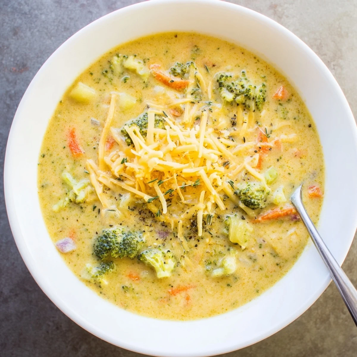 Velvety slow cooker broccoli cheese soup garnished with shredded cheese and a warm bread roll