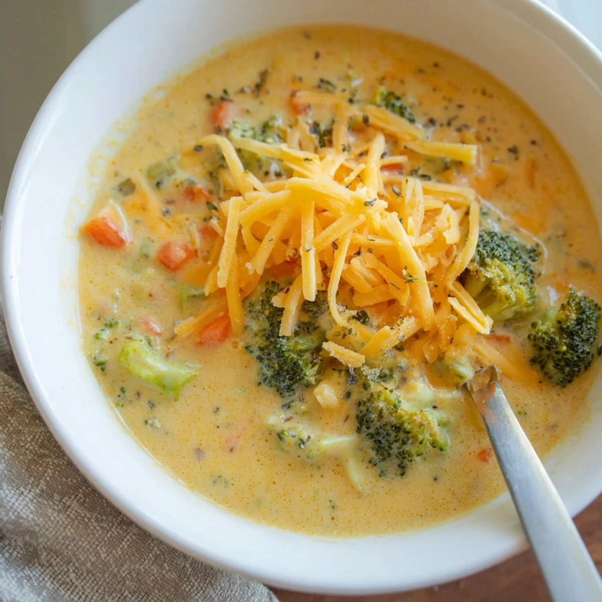 Thick slow cooker broccoli cheese soup topped with golden croutons in a cozy mug