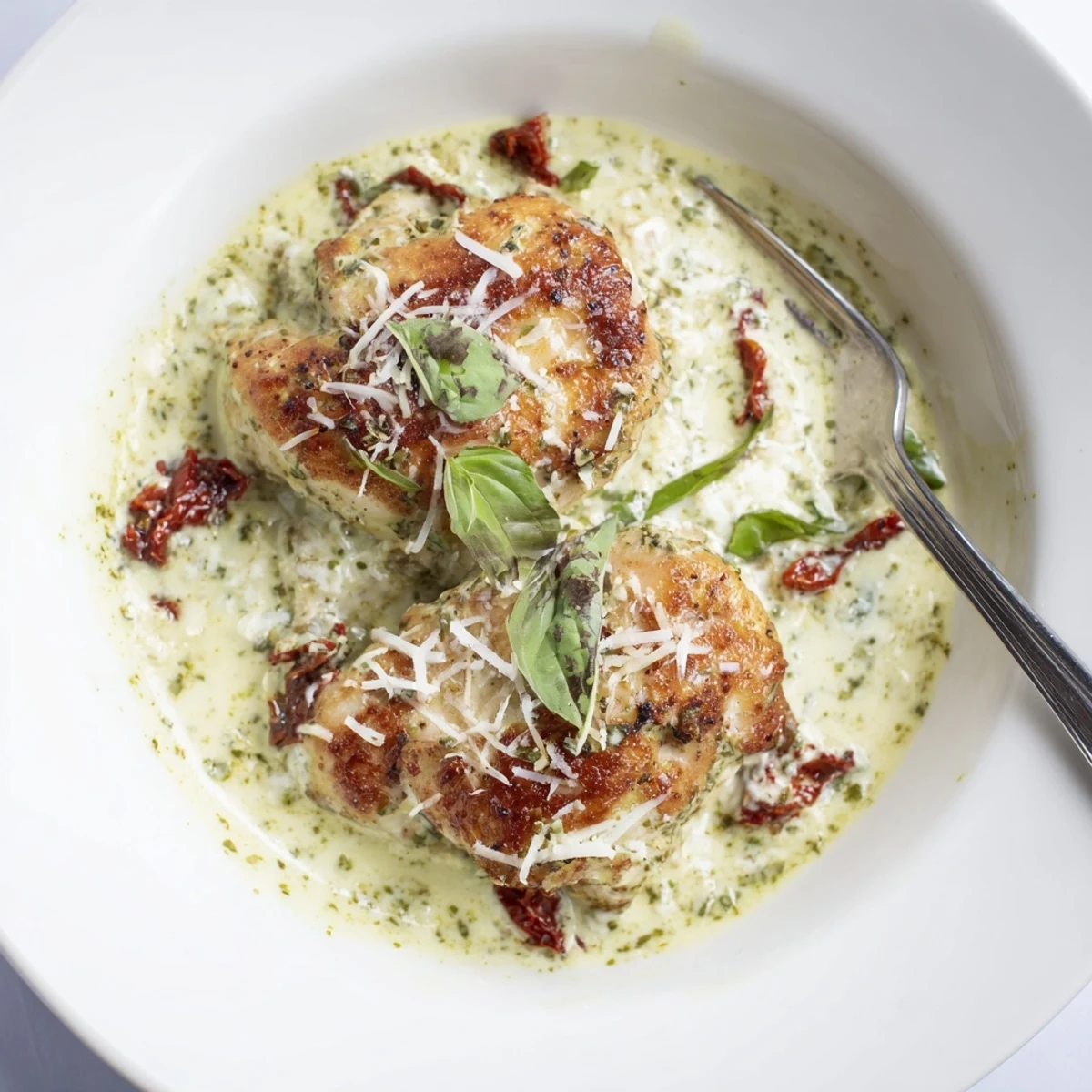 Juicy Marry Me Chicken Pesto swimming in a creamy, golden sun-dried tomato sauce