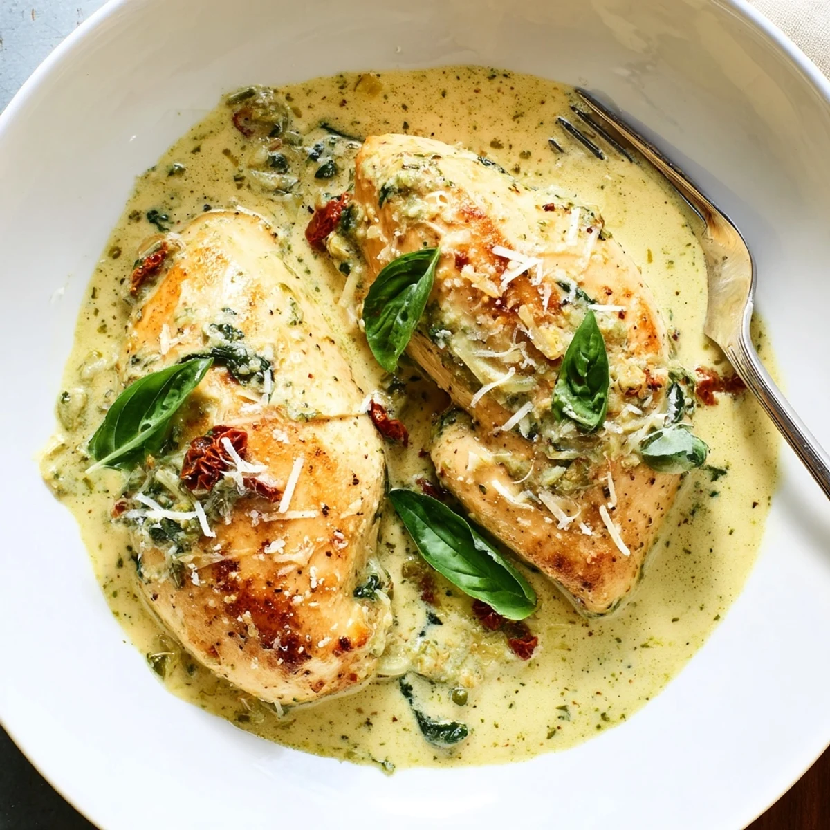 Creamy pesto-marinated Marry Me Chicken breasts topped with fresh torn basil leaves