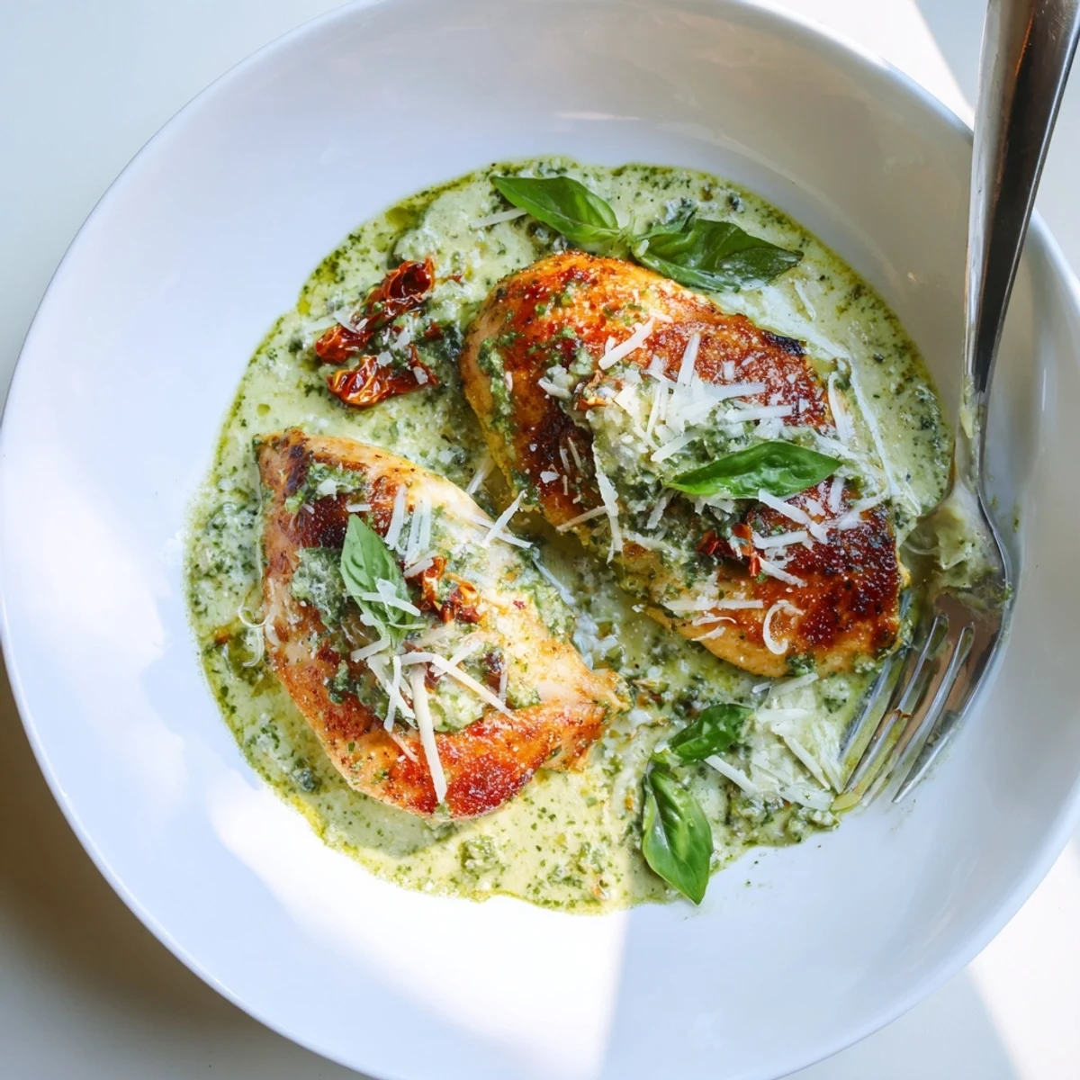 Rich Marry Me Chicken Pesto nestled in a bubbling Parmesan cream skillet sauce