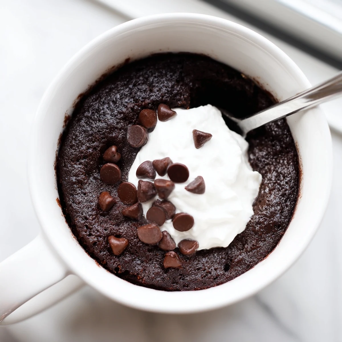 Warm gluten free chocolate mug cake topped with melting chocolate chips in a ceramic mug