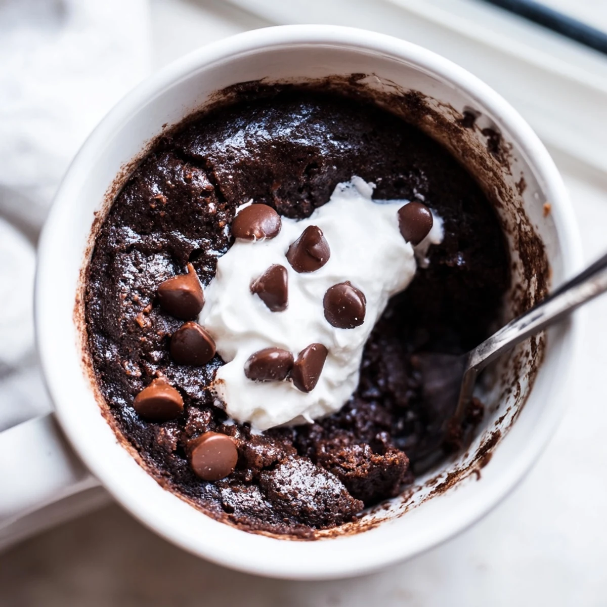 Fudgy gluten free chocolate mug cake dusted with cocoa powder served steaming hot
