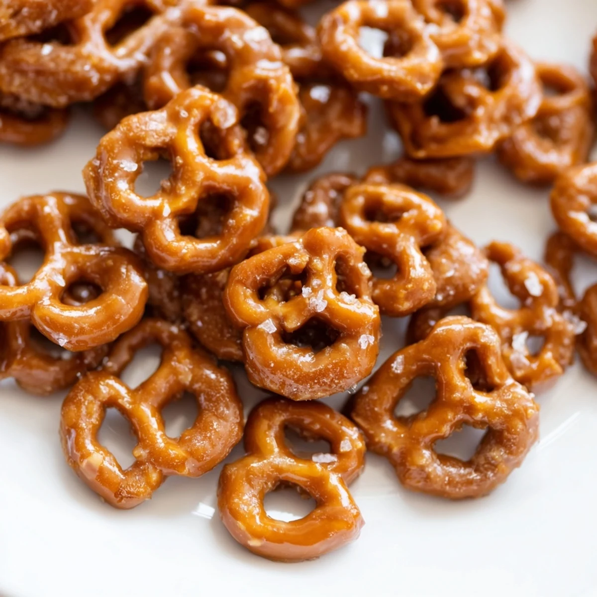 Golden butter toffee pretzels glistening with caramelized coating and flaky sea salt sprinkled on top