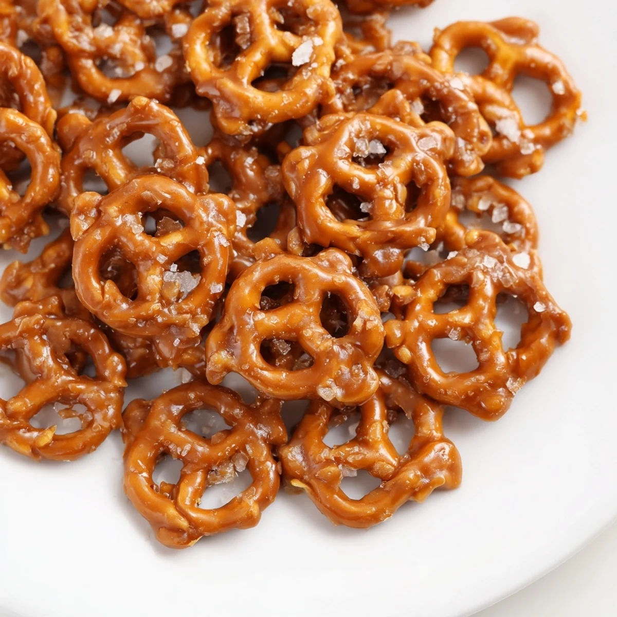 Crunchy butter toffee pretzels spread on a baking sheet with a glossy caramelized brown sugar glaze