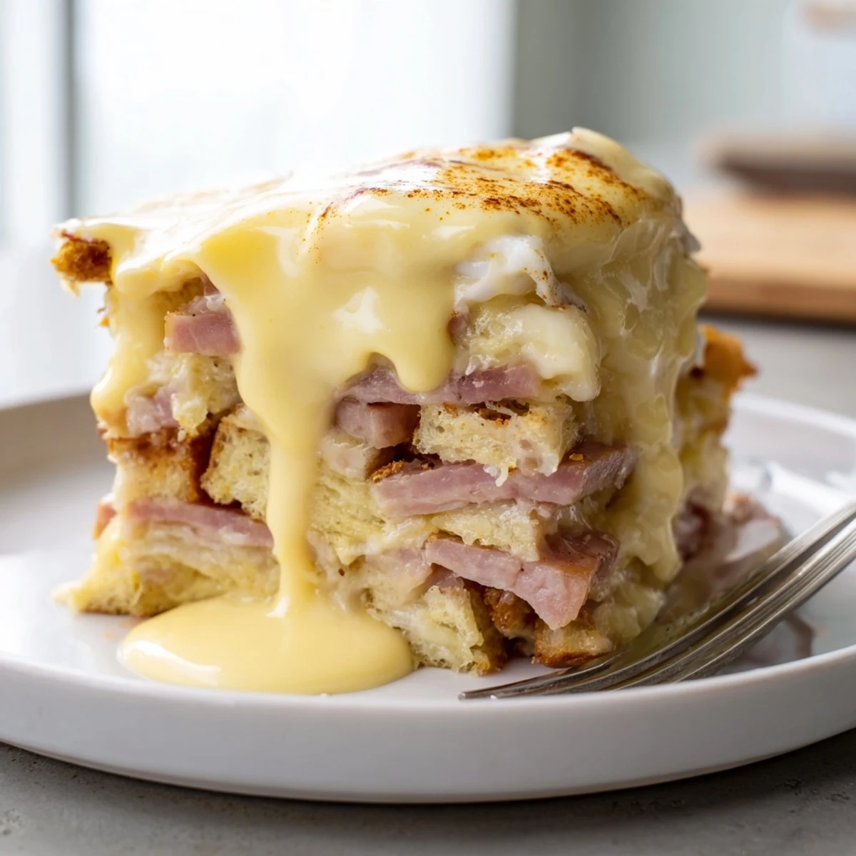 Golden Eggs Benedict Casserole fresh from the oven with creamy hollandaise drizzled on top