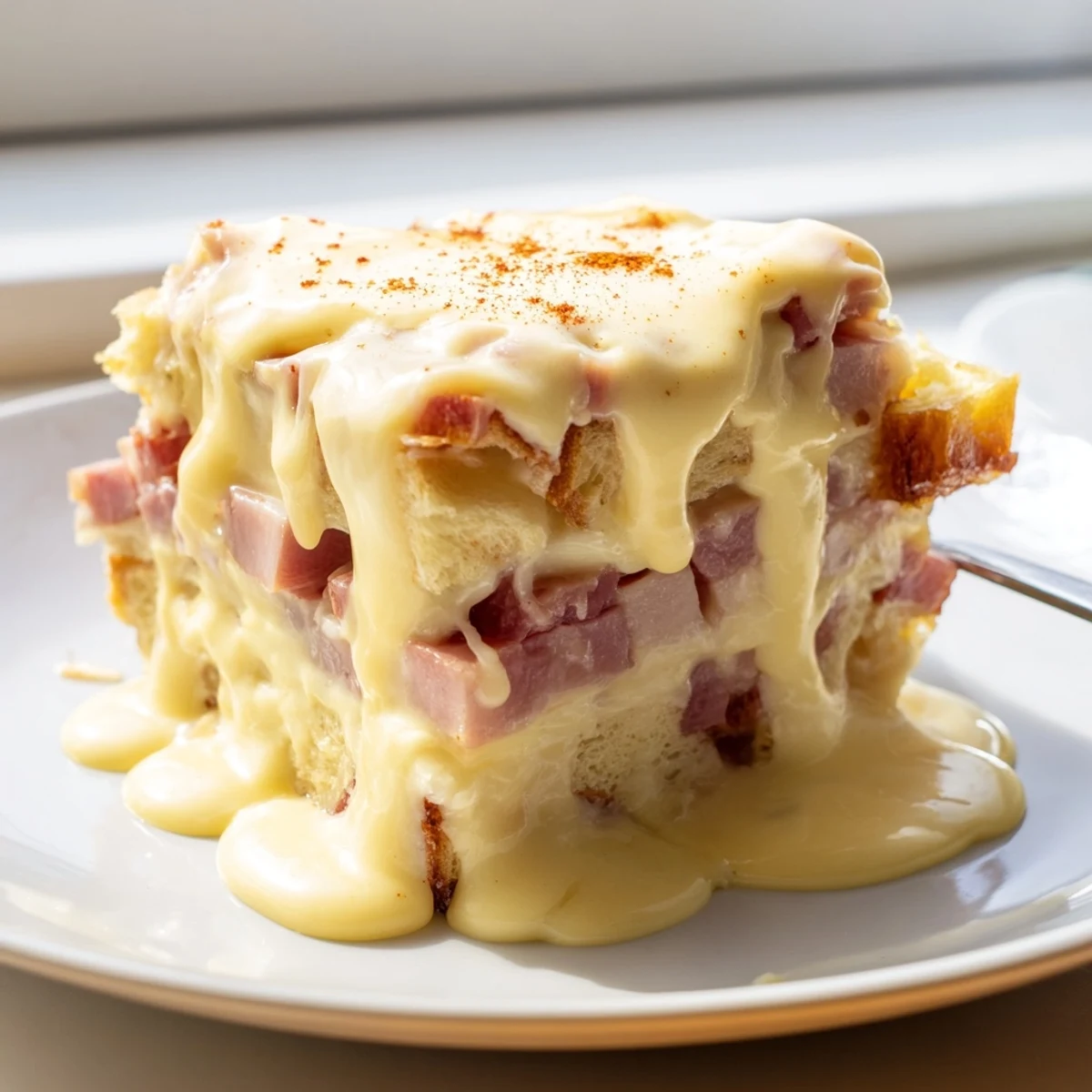 Steaming scoop of Eggs Benedict Casserole served on a plate with rich hollandaise sauce