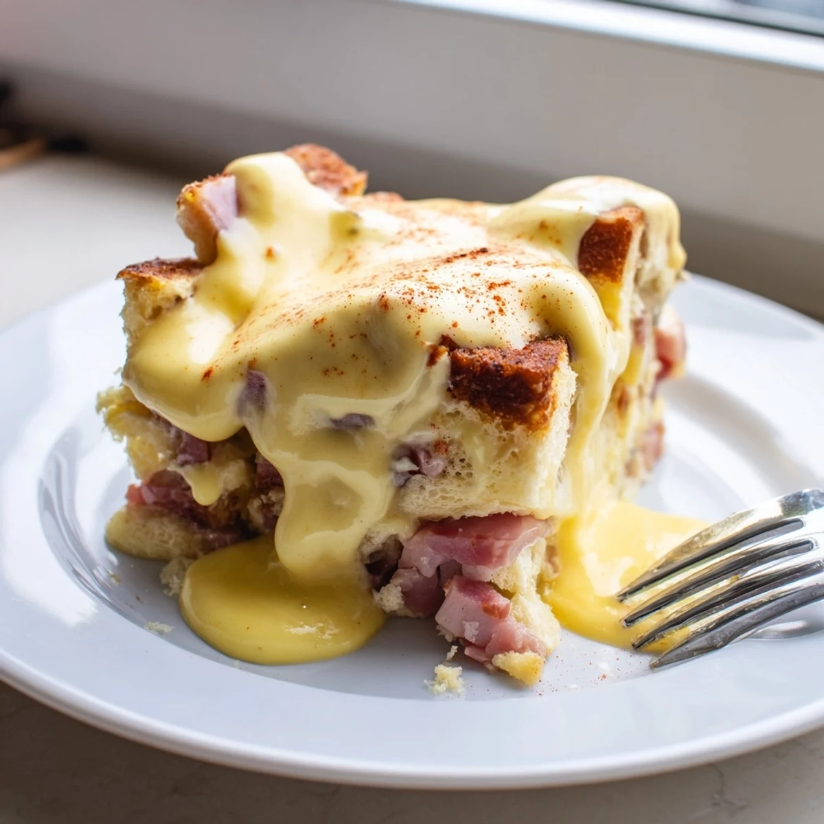 Bubbly Eggs Benedict Casserole layered with Canadian bacon and English muffins in a baking dish