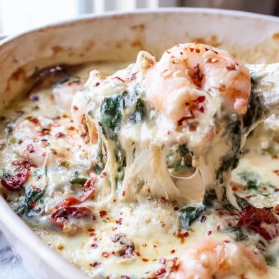 Low Carb Shrimp Tuscan Bake bubbling in a cast iron skillet with wilted spinach