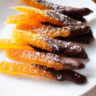 Dark chocolate covered orange peels drizzled and dusted with coarse sea salt