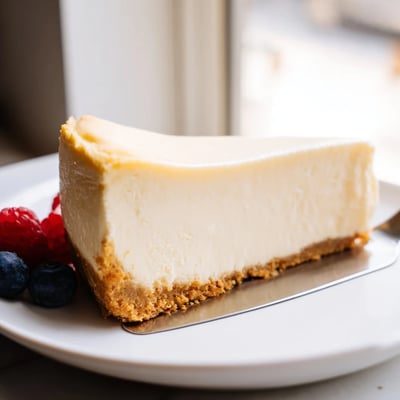 Classic American cheesecake topped with silky sour cream and fresh berries