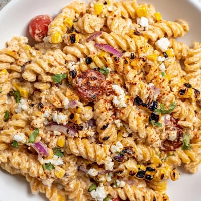 Charred corn and tangy dressing coat every bite of this colorful elote pasta salad
