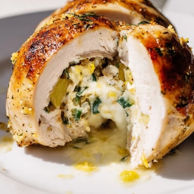 Creamy goat cheese chicken cut open to reveal a bubbling herb filling