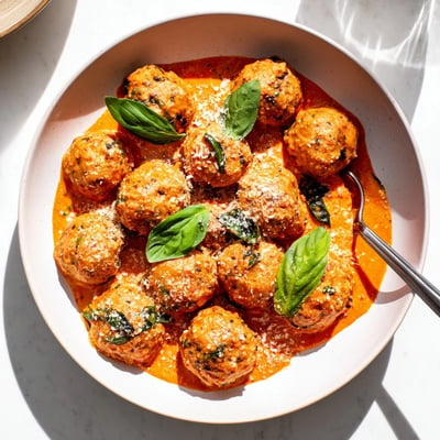 Golden brown creamy tomato basil meatballs nestled in a rich, bubbling tomato cream sauce