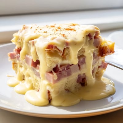 Steaming scoop of Eggs Benedict Casserole served on a plate with rich hollandaise sauce